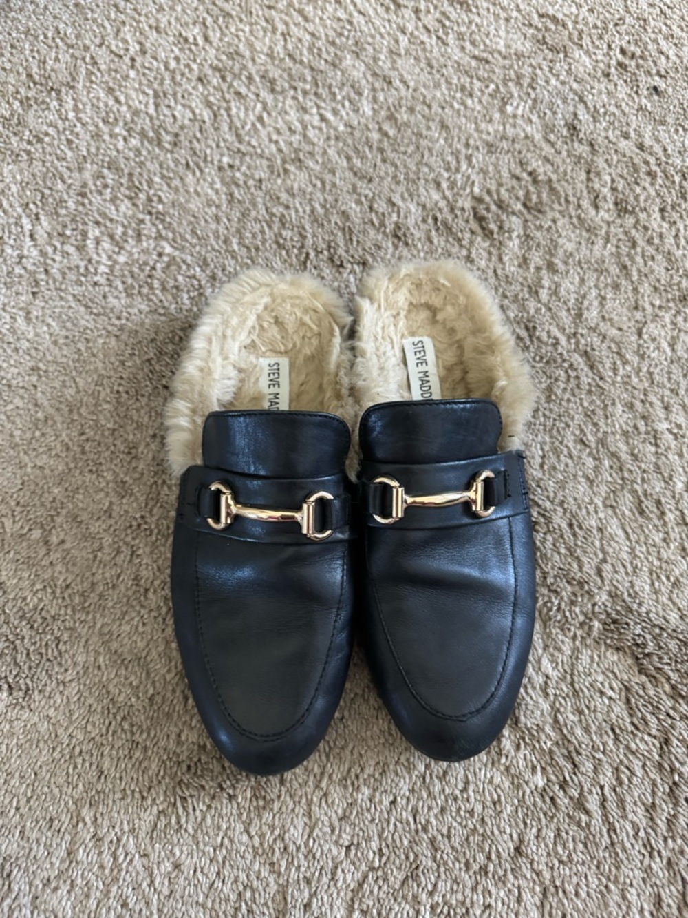 Steve Madden Black Leather Fur-Lined Mule Loafers with Gold Hardware